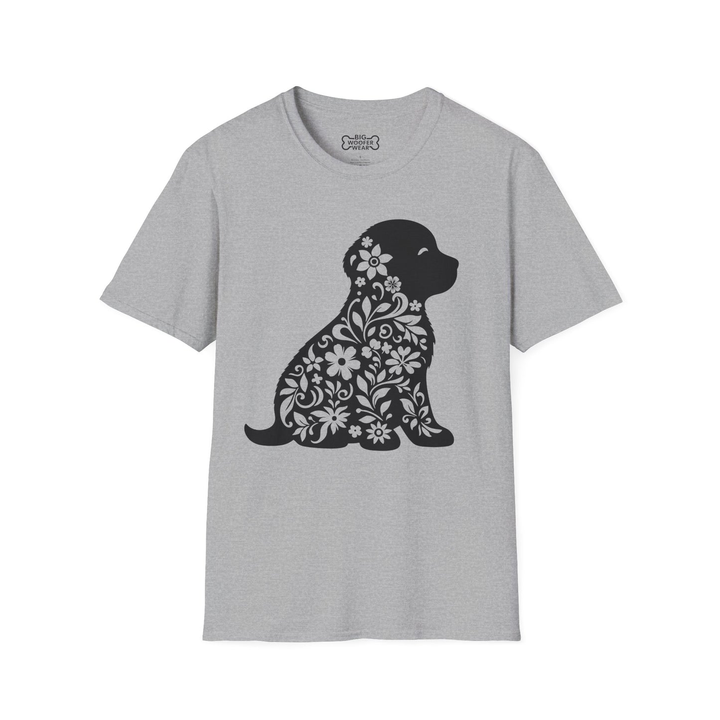 Sport gray t-shirt with a black floral‑patterned puppy silhouette graphic.