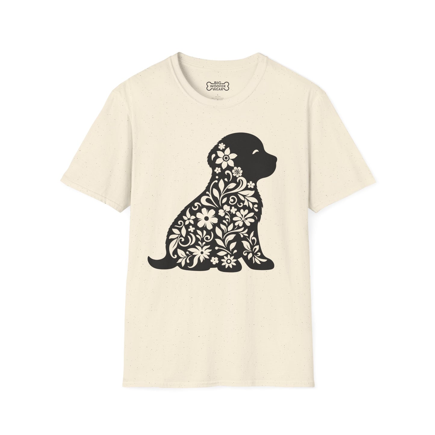 Natural color t-shirt with a black floral‑patterned puppy silhouette graphic.