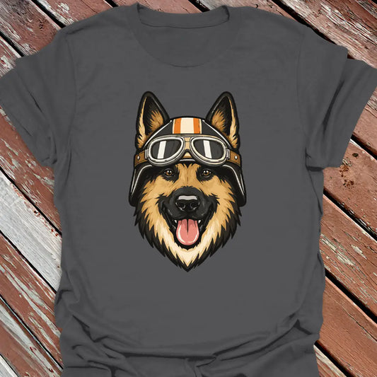 Charcoal grey t-shirt with a German Shepherd dog wearing a helmet and goggles on a wooden surface