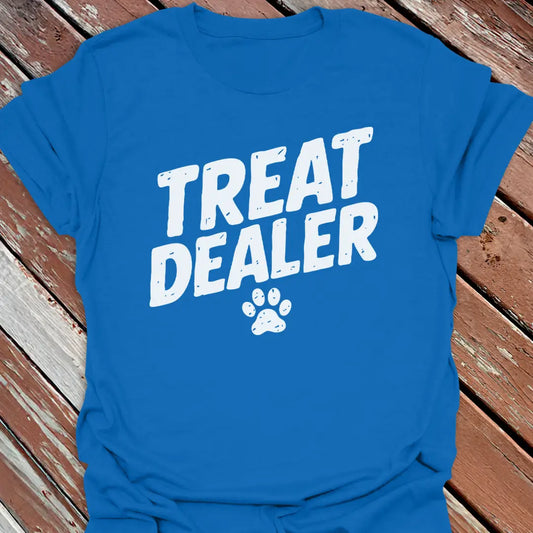 Blue 'Treat Dealer' dog shirt with paw design, great apparel gift for big dog moms and dads.
