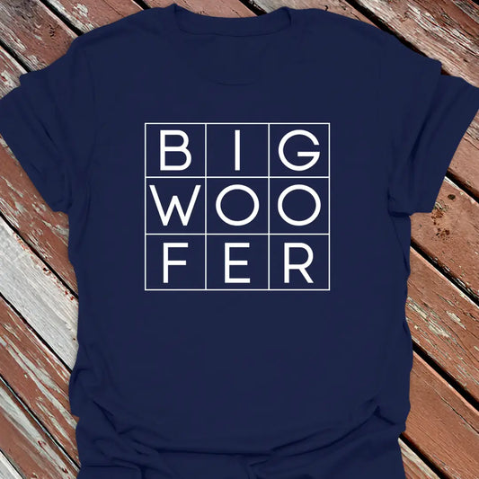 Navy T-shirt with Big Woofer text in a white grid design