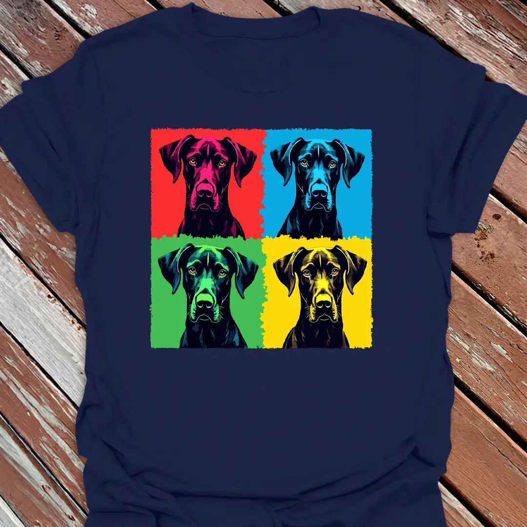 Pop art Great Dane graphic tee with red, blue, green, and yellow panels