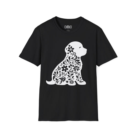 Black t-shirt with a white floral‑patterned puppy silhouette graphic.