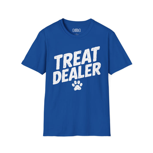 Royal blue t-shirt with bold distressed white text Treat dealer above a paw print icon.