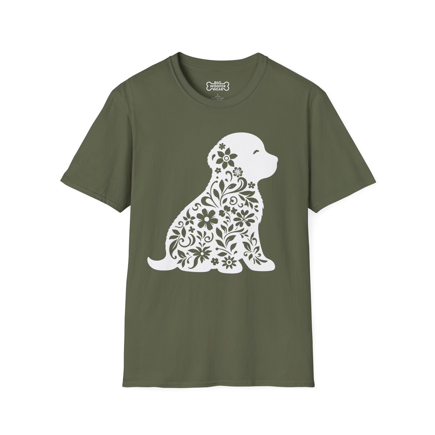 Military green t-shirt with a white floral‑patterned puppy silhouette graphic.