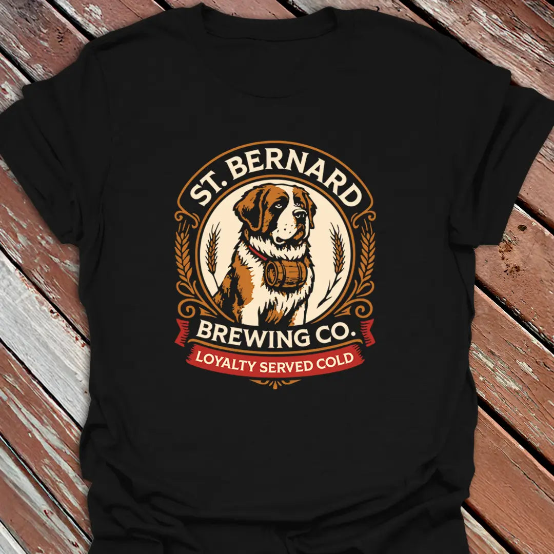 Black t-shirt with St. Bernard Brewing Co. logo on a wooden surface