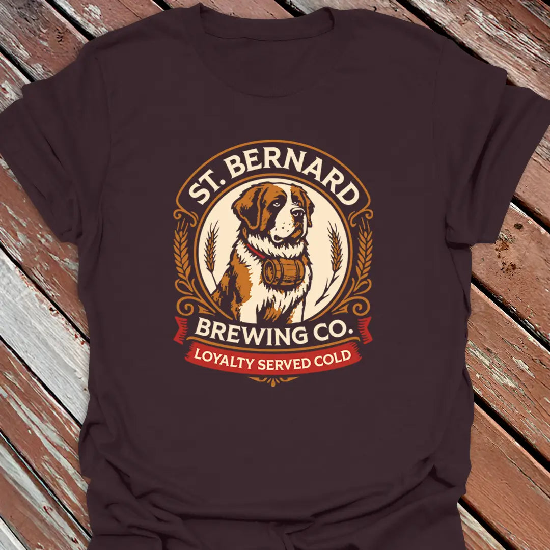 Brown t-shirt with St. Bernard Brewing Co. logo on a wooden surface