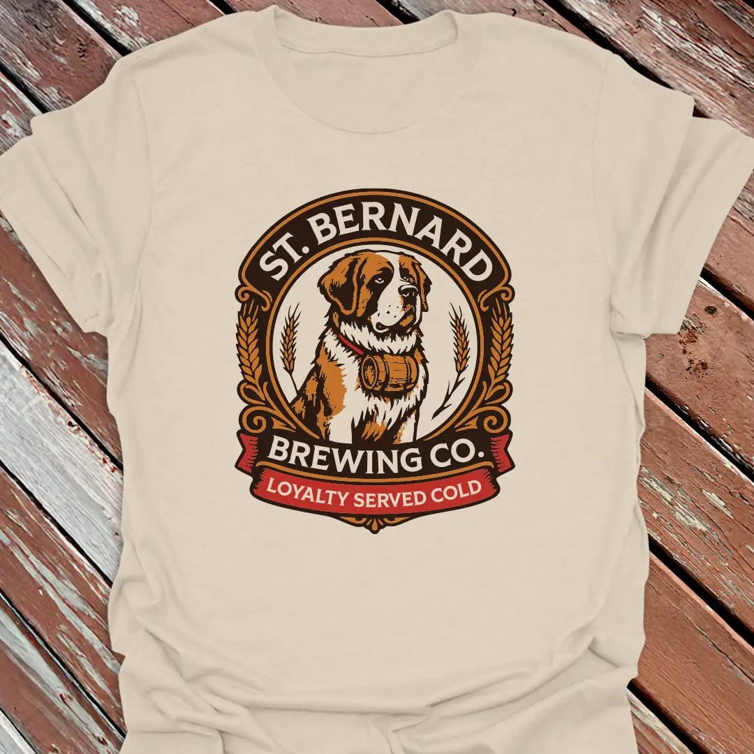 Natural t-shirt with St. Bernard Brewing Co. logo on a wooden surface