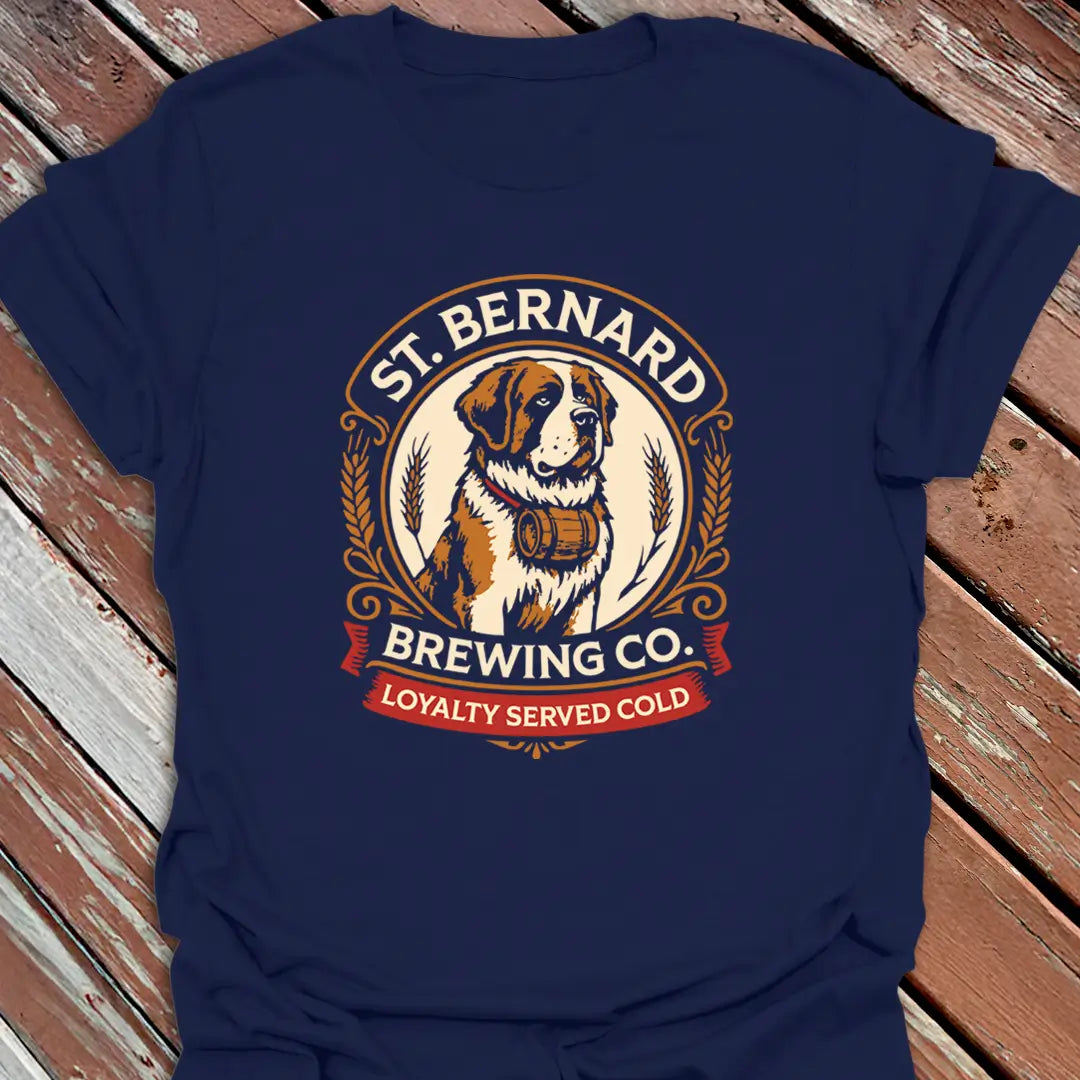 Navy blue t-shirt with St. Bernard Brewing Co. logo on a wooden surface
