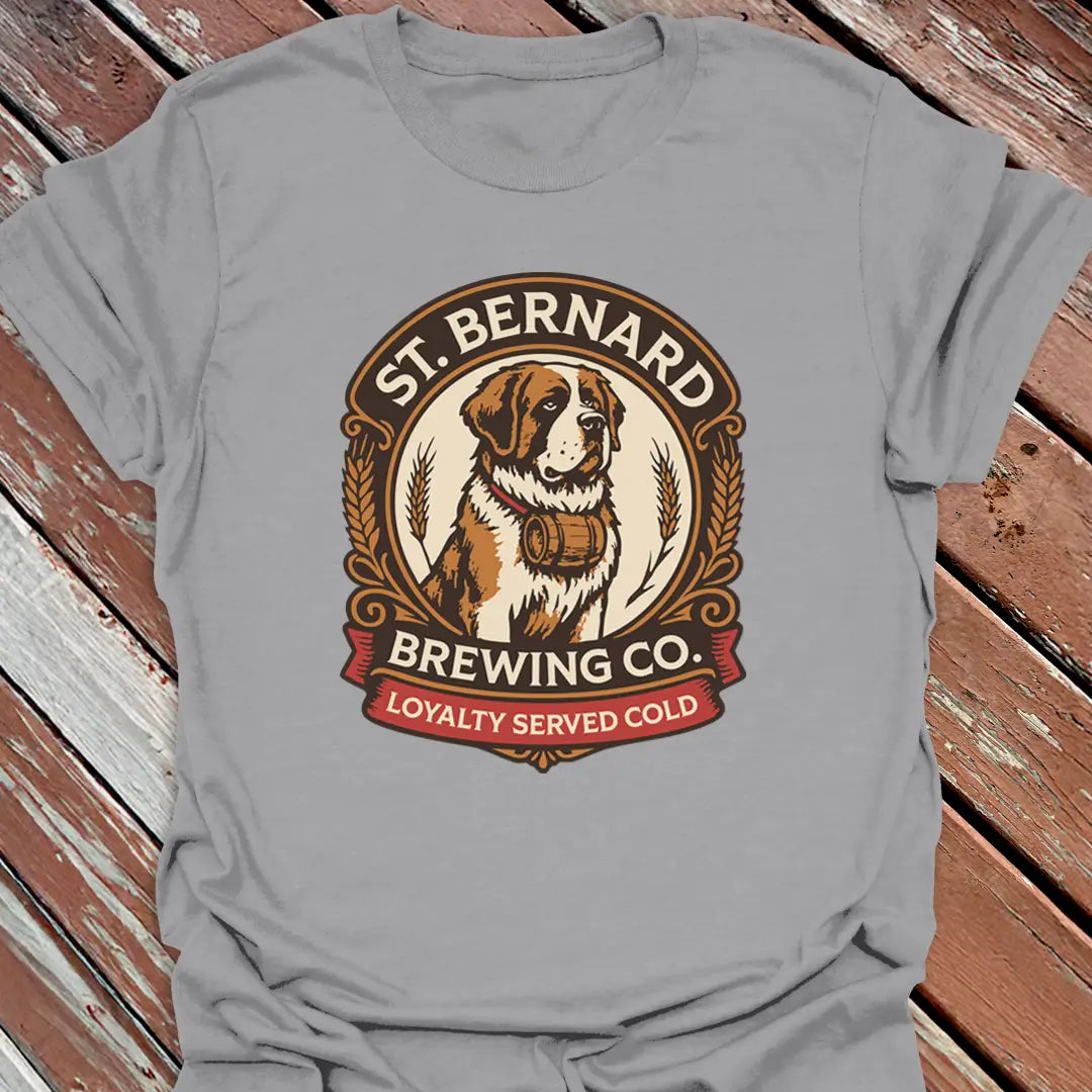 Gray t-shirt with St. Bernard Brewing Co. logo on a wooden surface