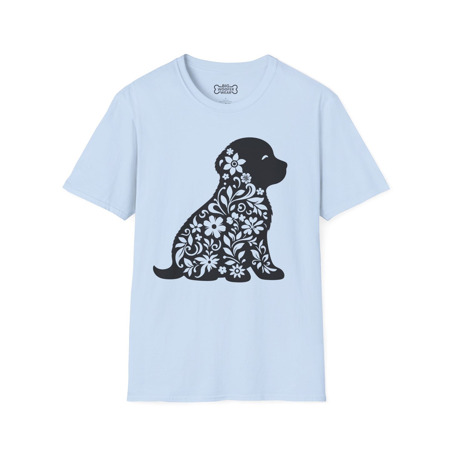 Light blue t-shirt with a black floral‑patterned puppy silhouette graphic.
