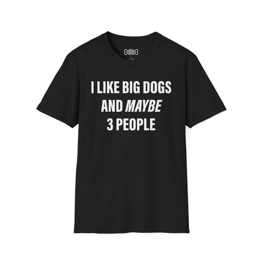 Black t-shirt with large white text: I like big dogs and maybe 3 people.