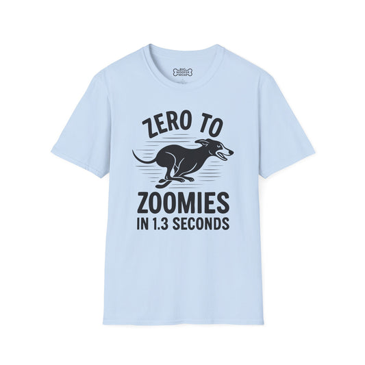 Light blue t-shirt with black text and graphic of a greyhound dog doing zoomies.