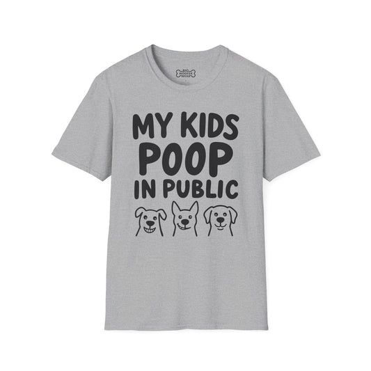 Sport gray t-shirt with bold black text: My kids poop in public above three cartoon dog faces.