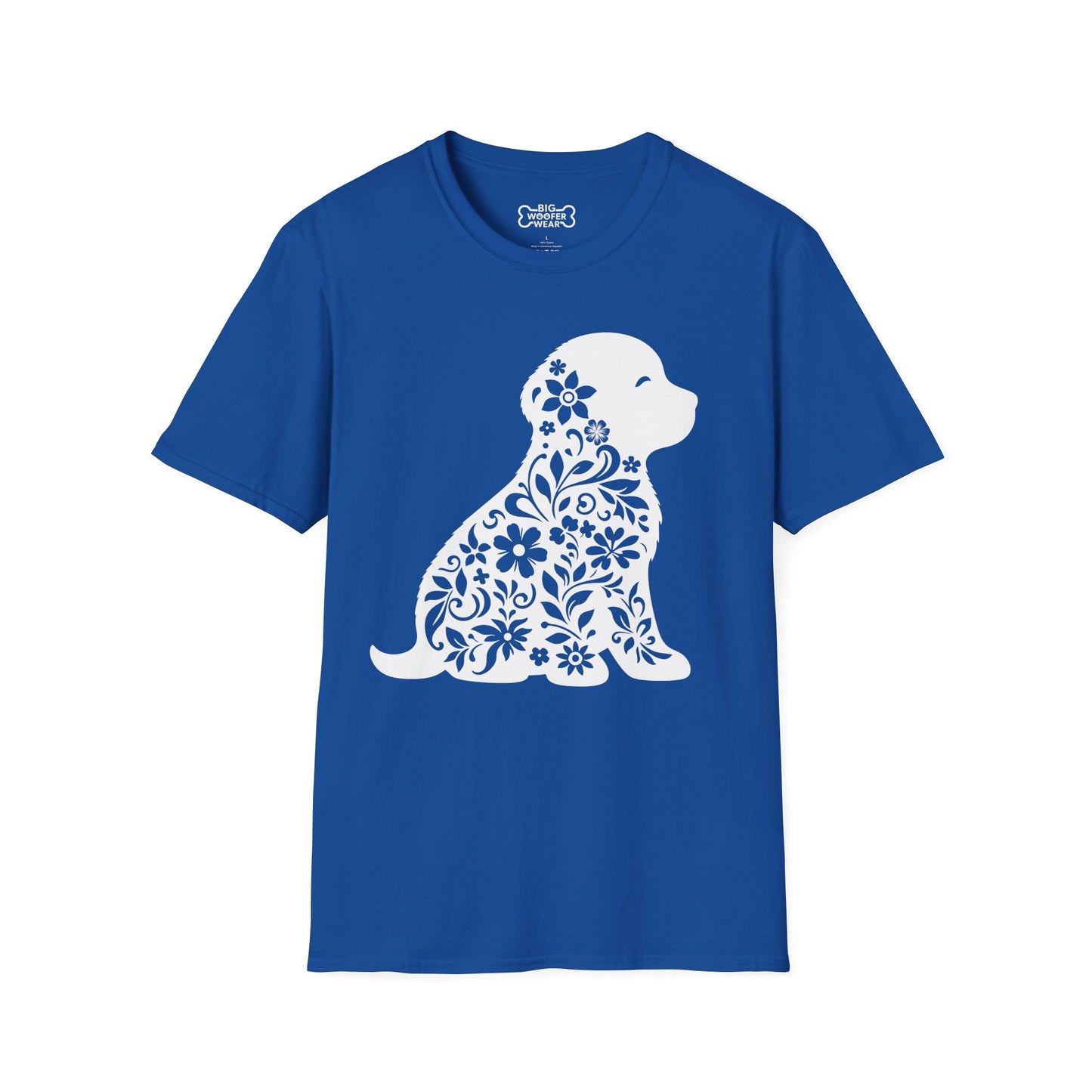 Royal blue t-shirt with a white floral‑patterned puppy silhouette graphic.