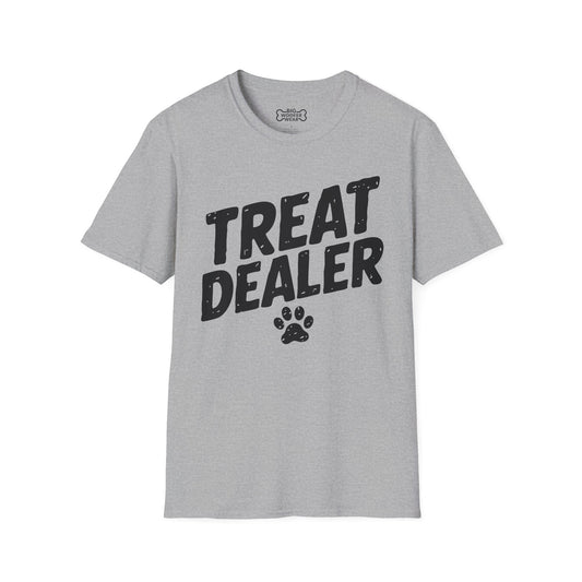Sport gray t-shirt with bold distressed black text Treat dealer above a paw print icon.