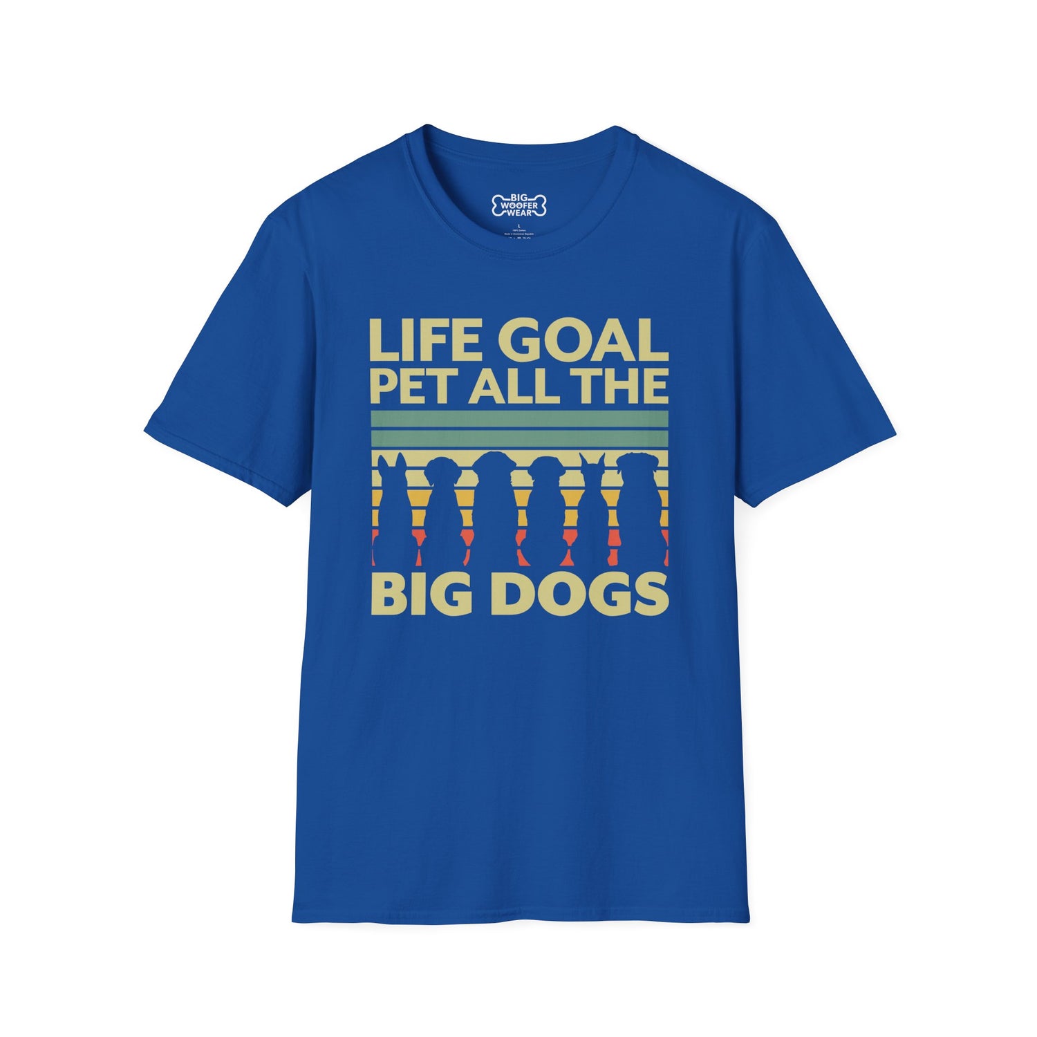 Royal blue t-shirt with retro stripes and big‑dog silhouettes with text: Life goal pet all the big dogs.