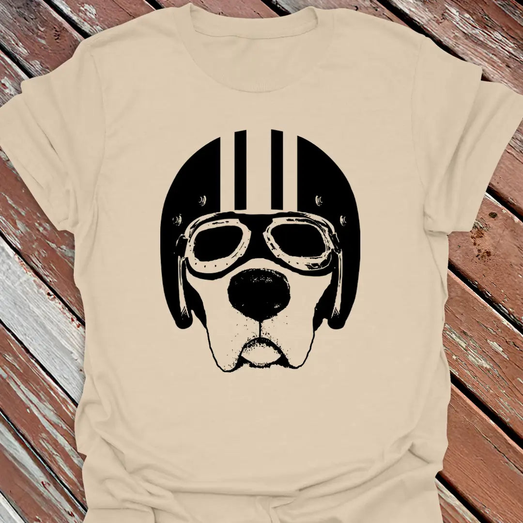 Road Dog T-shirt sand with a labrador dog in a helmet and goggles