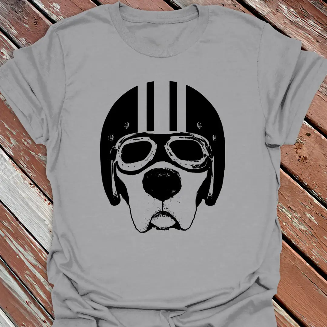 Road Dog T-shirt sport gray with a labrador dog in a helmet and goggles