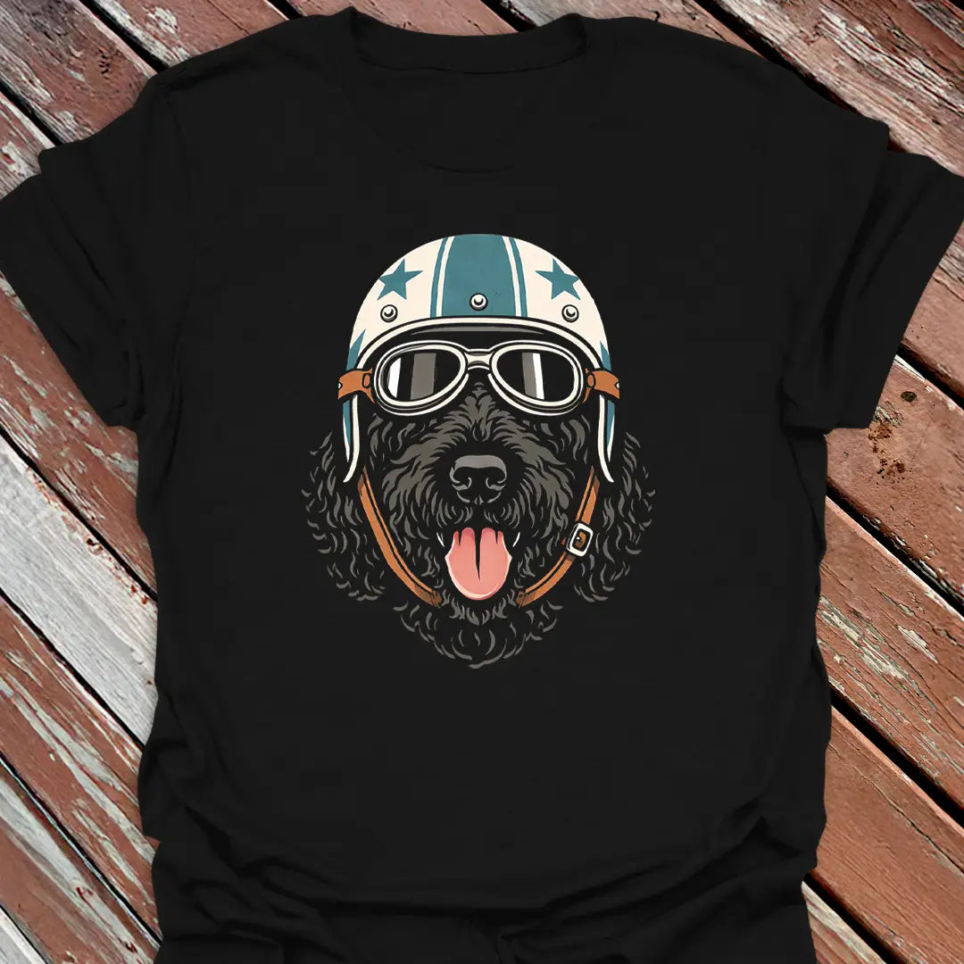 Black tee with Doodle Road Dog in motorcycle gear, perfect for Black Goldendoodle parents and doodle lovers.