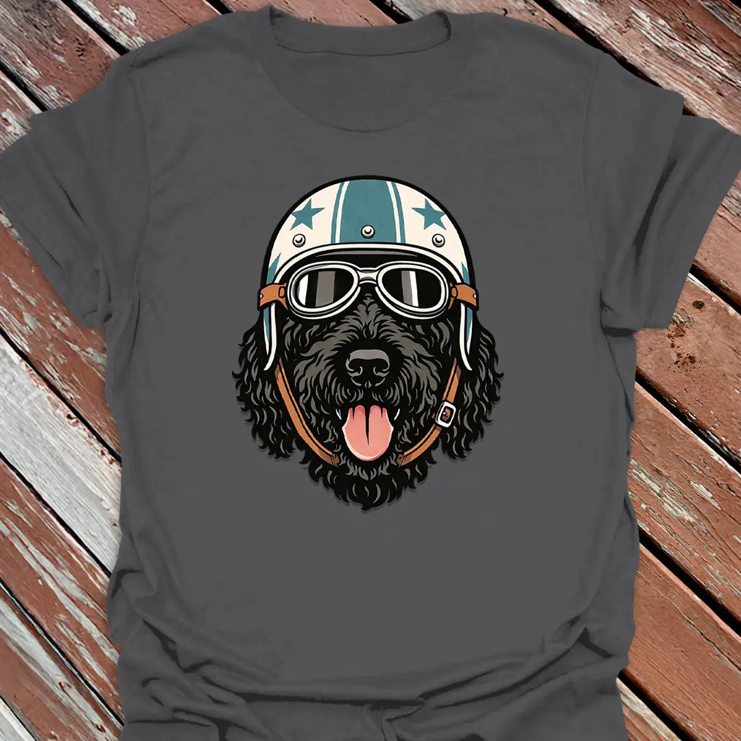 Charcoal shirt with Black Doodle Road Dog wearing racing goggles and helmet, cool apparel for Black Goldendoodle fans.