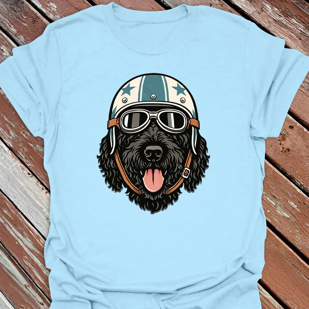 Doodle road dog light blue shirt featuring big black dog with goggles, great gift for black goldendoodle fans.