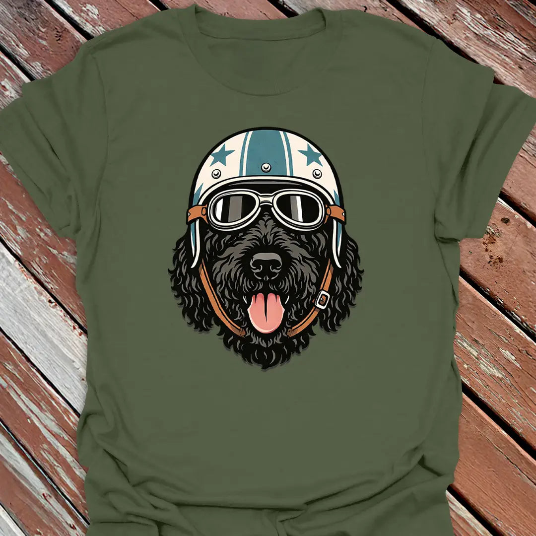 Doodle Road Dog wearing racing goggles and helmet military green shirt, funny gift for Black Goldendoodle dog owners.