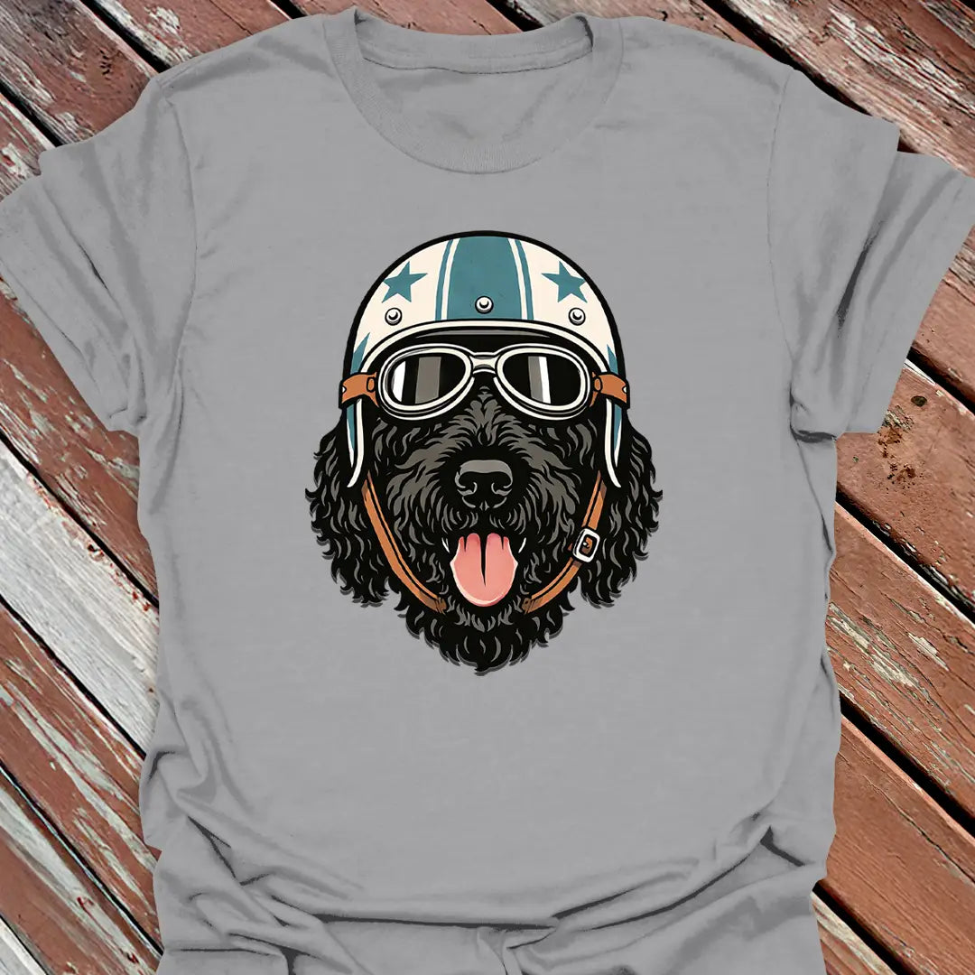 Doodle road dog light grey shirt featuring Black Goldendoodle dog, great gift for Doodle fans.