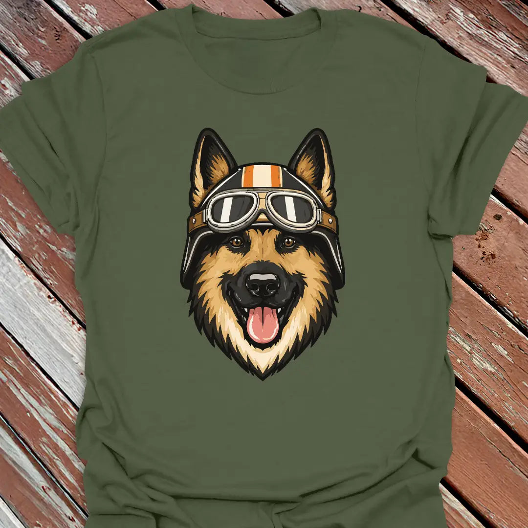 Military Green t-shirt with a German Shepherd dog wearing a helmet and goggles on a wooden surface