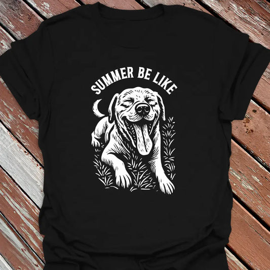 Big Woofer Wear black “Summer Be Like” Labrador T-shirt for big dog lovers, beach vibe design on wood background