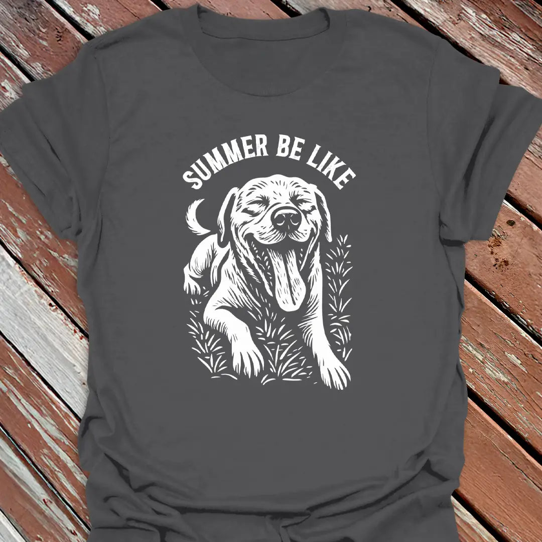 Big Woofer Wear charcoal “Summer Be Like” Labrador T-shirt for big dog lovers, beach vibe design on wood background