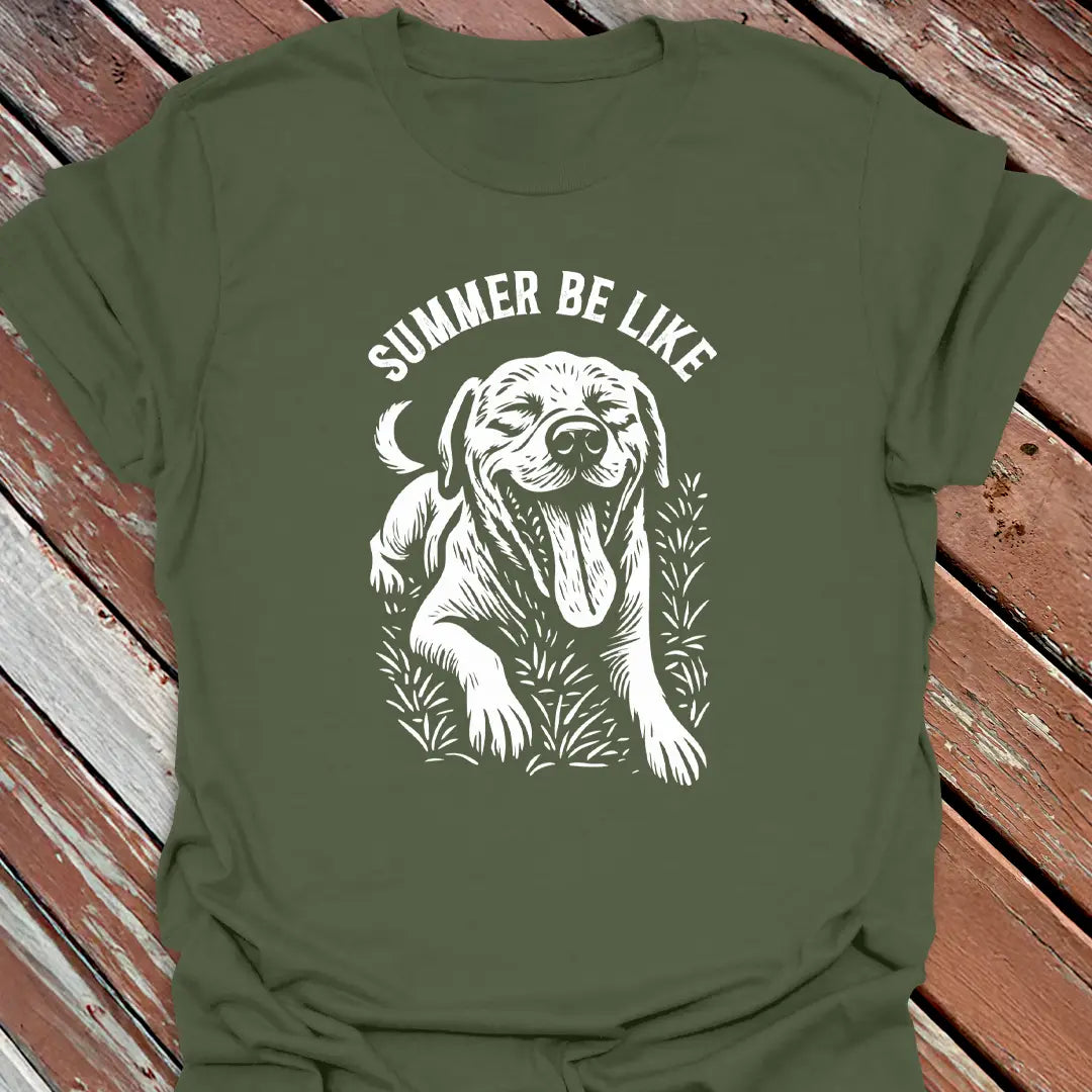 Big Woofer Wear military green “Summer Be Like” Labrador T-shirt for big dog lovers, beach vibe design on wood background