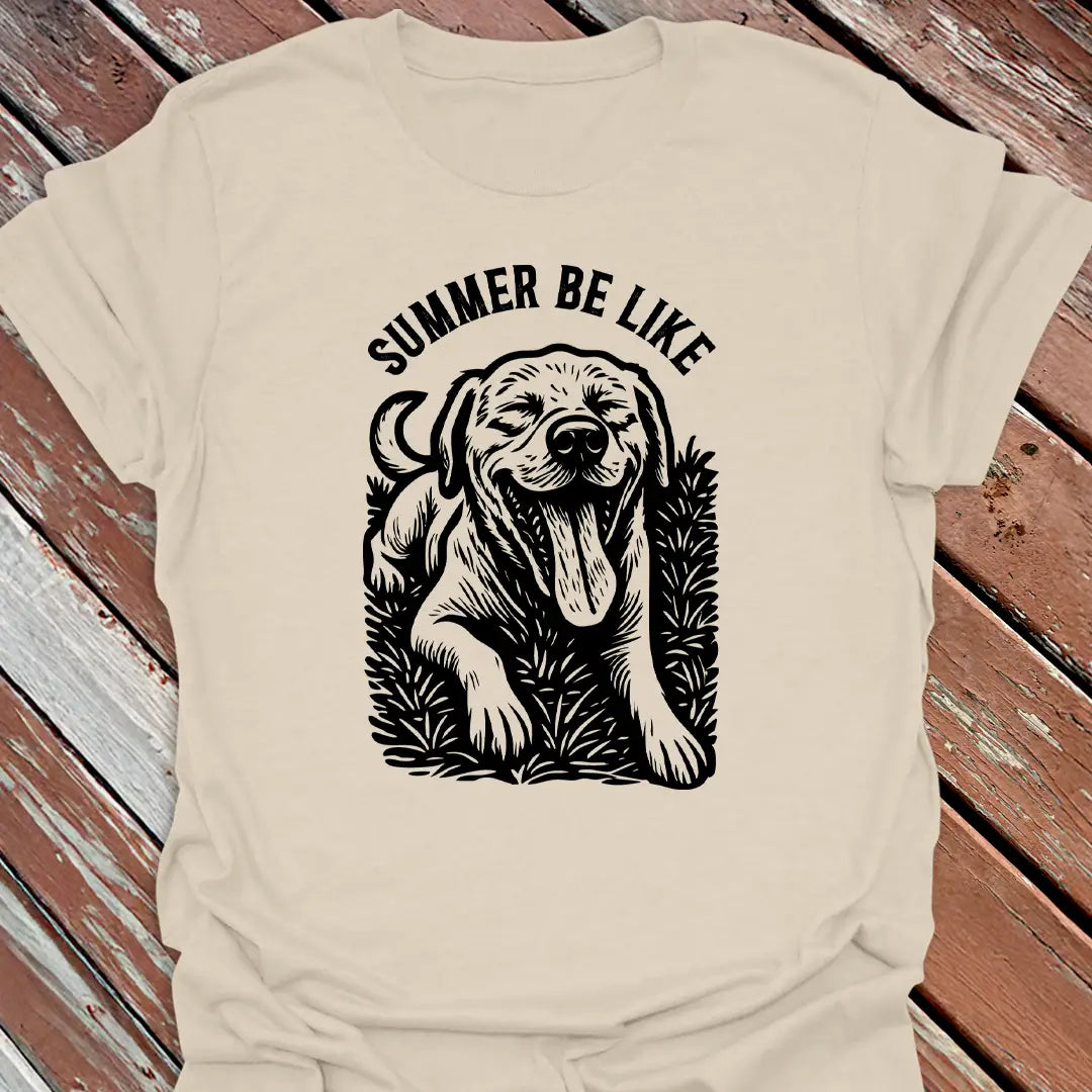 Big Woofer Wear natural “Summer Be Like” Labrador T-shirt for big dog lovers, beach vibe design on wood background