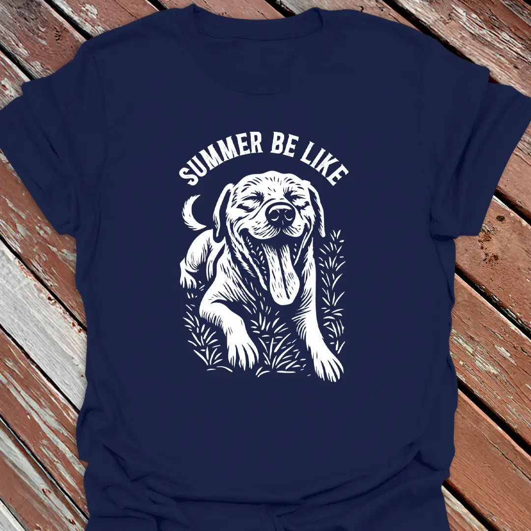 Big Woofer Wear navy “Summer Be Like” Labrador T-shirt for big dog lovers, beach vibe design on wood background