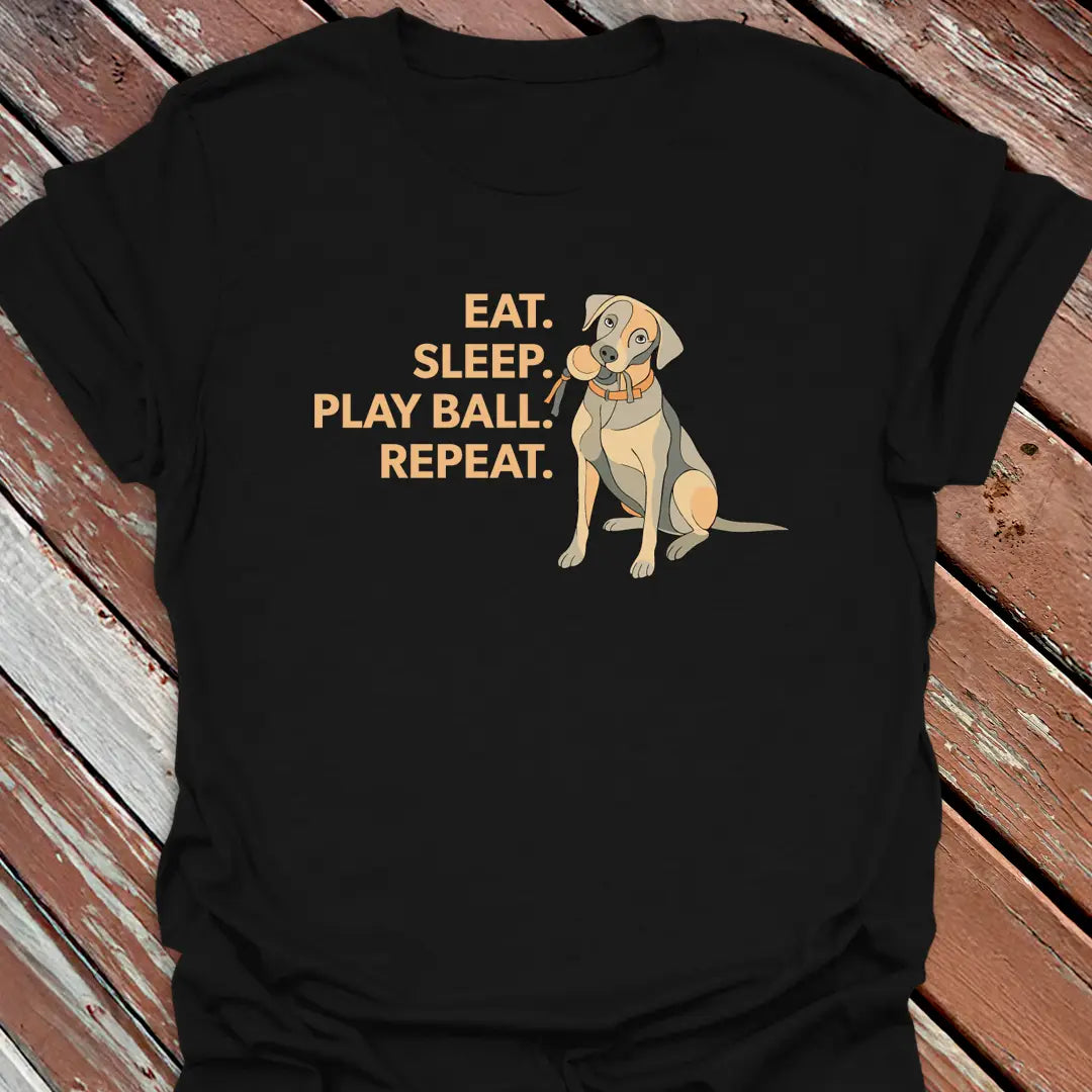 Big Woofer Wear black “Eat Sleep Play Ball Repeat” Labrador tee for big dog lovers, sporty design on wood background