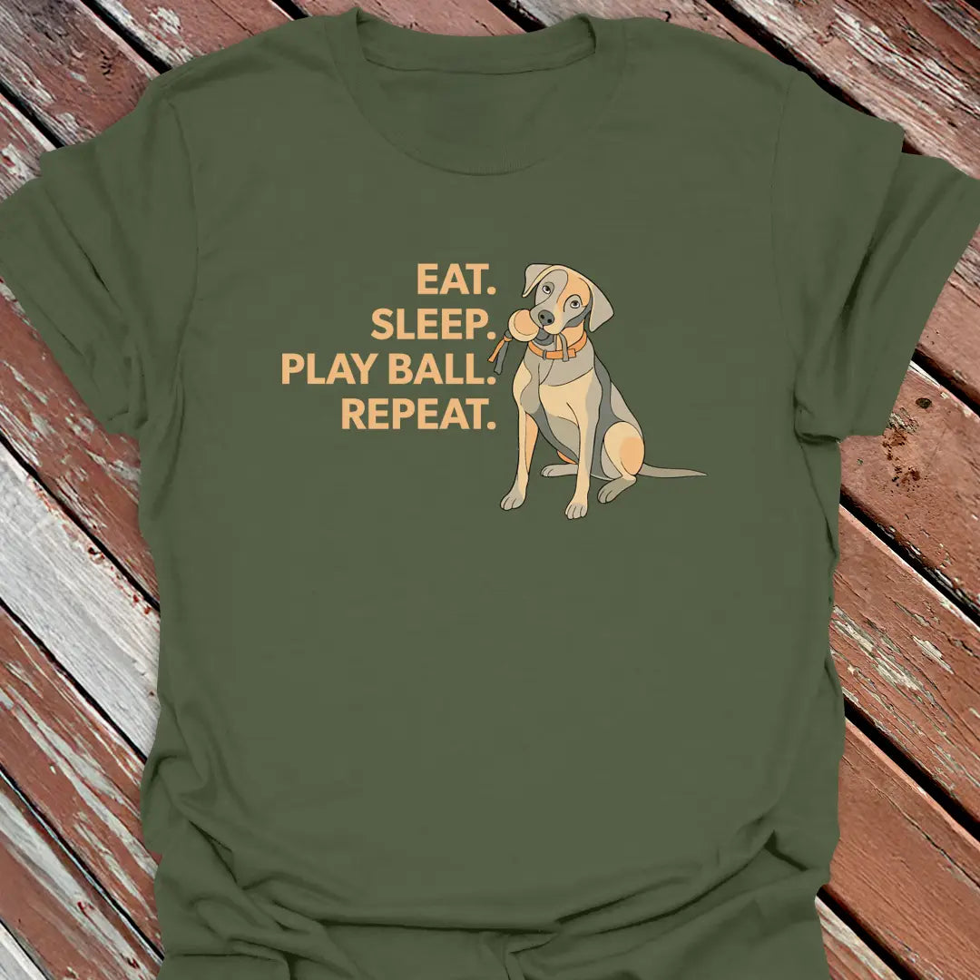Big Woofer Wear military green “Eat Sleep Play Ball Repeat” Labrador tee for big dog lovers, sporty design on wood background