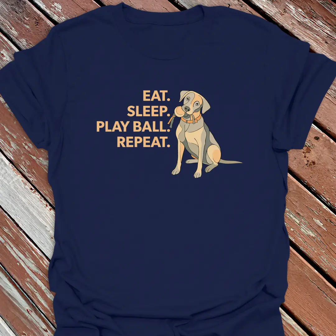 Big Woofer Wear navy “Eat Sleep Play Ball Repeat” Labrador tee for big dog lovers, sporty design on wood background