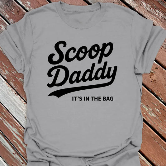 Big Woofer Wear sport grey “Scoop Daddy” T-shirt for big dog dads, bold scoop and paw design on wood background