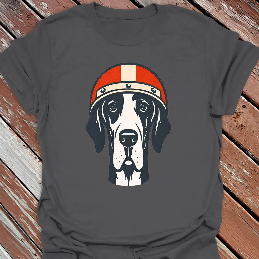Charcoal Great Dane Road Dog Shirt wearing moto helmet, funny gift for giant breed owners and big dog lovers.