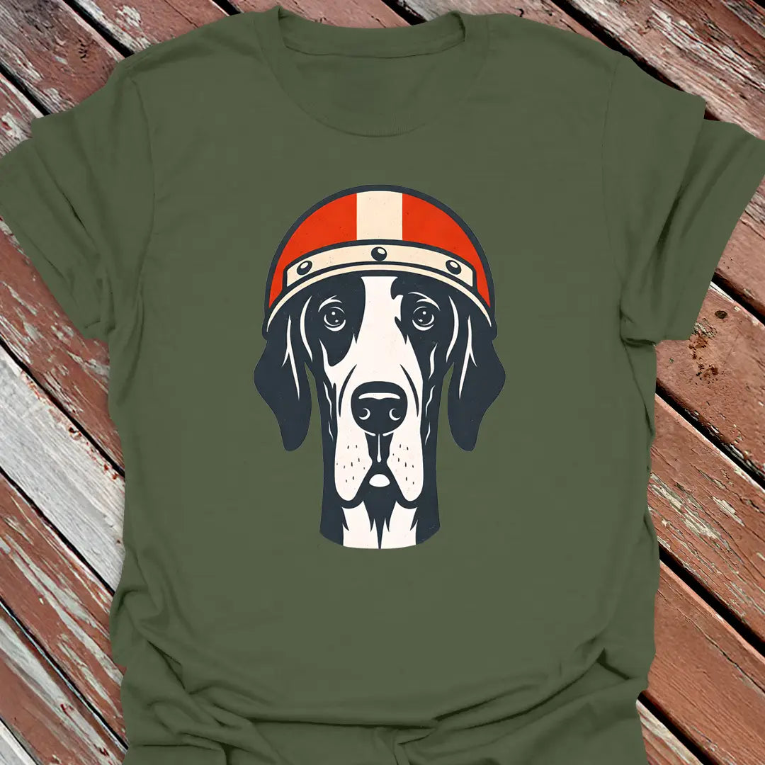 Military Green Great Dane Road Dog Shirt wearing vintage helmet for gentle giant lovers.