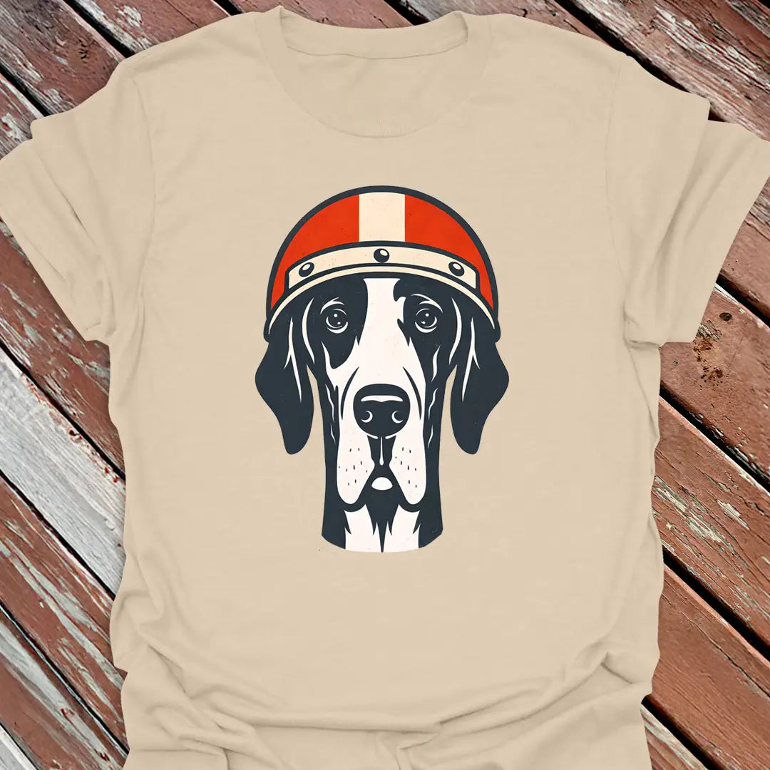 natural tee with Great Dane in moto helmet, perfect for giant breed parents and big dog fans.