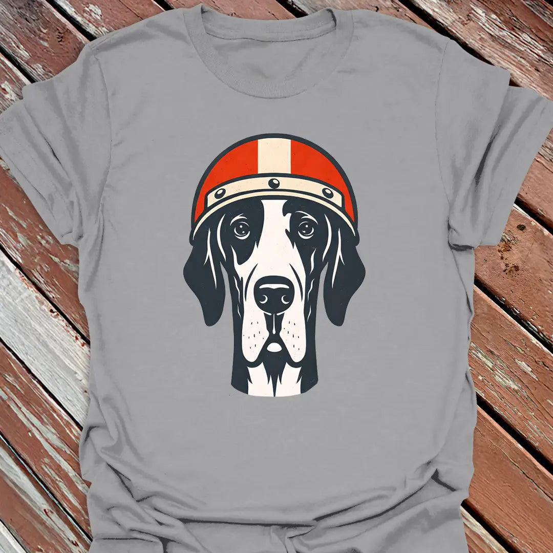 Gray shirt with Great Dane wearing helmet, cool apparel for giant dog lovers and parents.